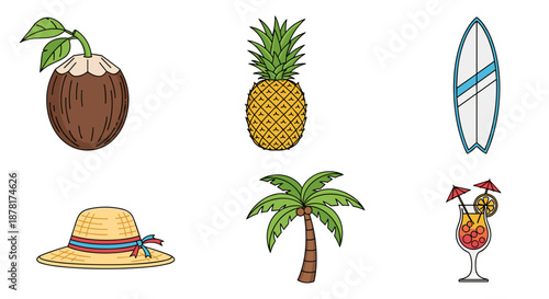 Colorful summer vacation icons including coconut, pineapple, surfboard, hat, palm tree, and cocktail