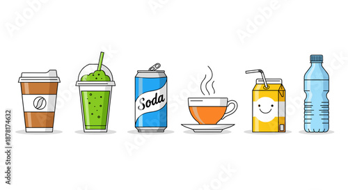 Assorted beverages on including coffee soda tea and water