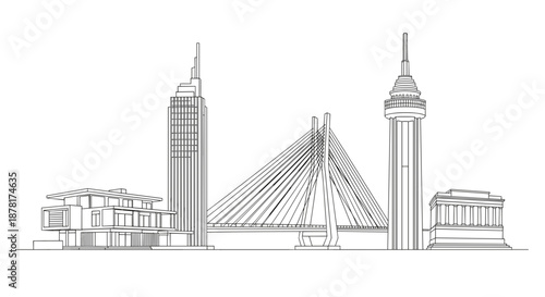 City skyline with iconic buildings and bridge in black and white illustration