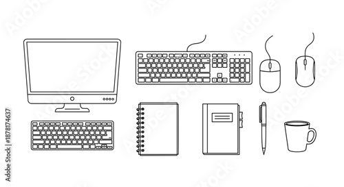 Black and white line drawing of computer office supplies and gadgets