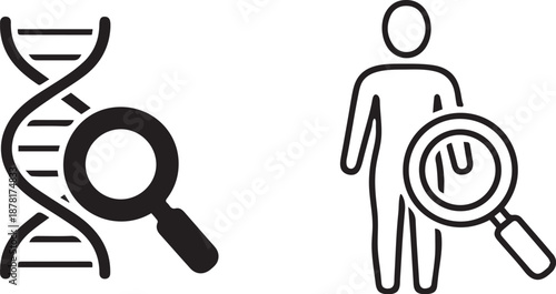 line vector icon of a magnifying glass over a DNA helix or a body on white background