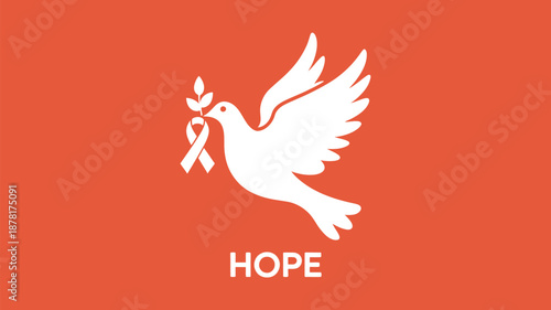 White dove holding olive branch and ribbon on red background Vector