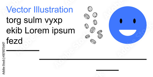 Financial growth, earnings, monetization, design templates, creativity, digital assets. Blue smiling face icon with floating coins and placeholder text. Financial growth and earnings concept
