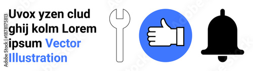 Digital tools, notifications, user approval, settings, feedback, preferences. A wrench, thumbs-up image in a circle and a bell. Tools and notifications concept for digital platforms and interfaces