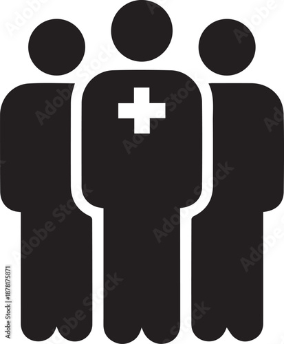 silhouette vector icon of a group of three figures one with a medical cross on the chest on white background