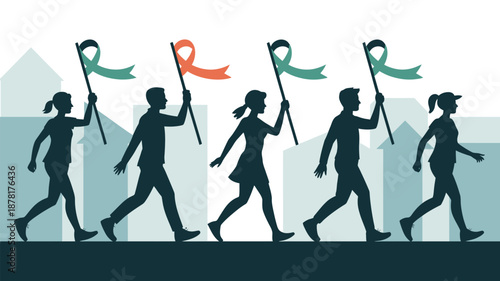 Group of people walking with awareness ribbons Vector