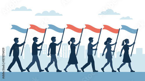 Group of people marching with flags Vector