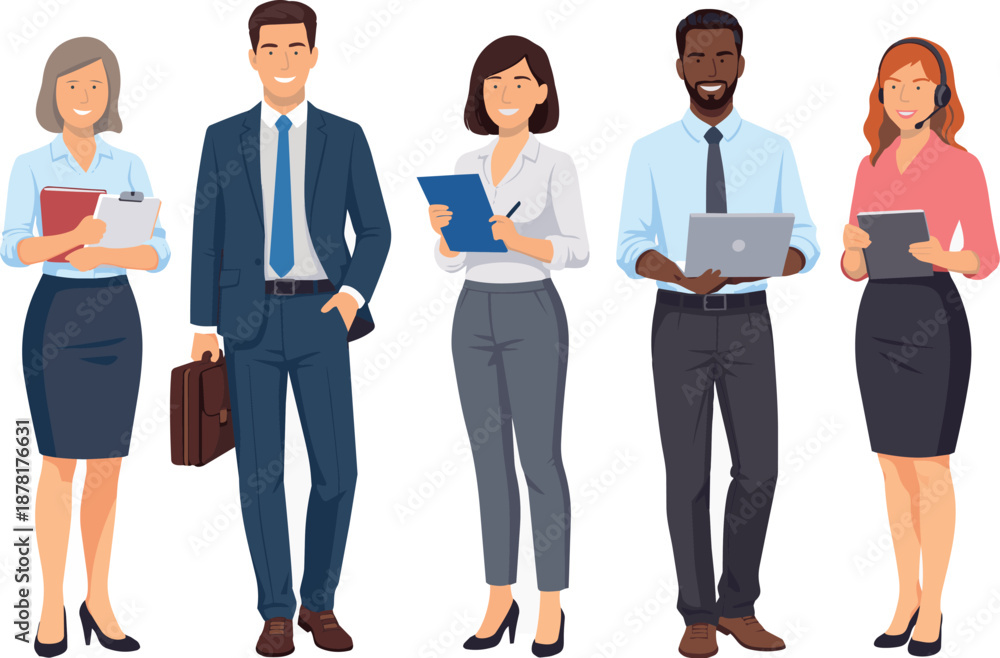 Fototapeta premium Illustration vectorielle représentant des hommes et des femmes d'affaires, des employés de bureau. Une équipe souriante au travail