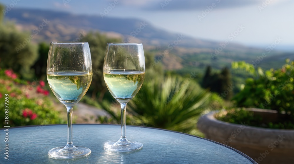 Obraz premium Two wine glasses on table overlooking valley
