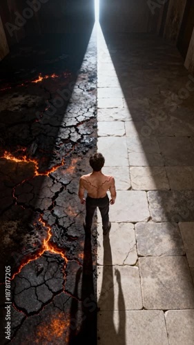 Top Down View of Man Standing Between Molten Lava and Bright Stone Path - Duality of Good and Evil Concept