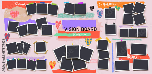 Blank photo frames collage on wall. Empty photography print, paper sheets glued on board. Moodboard vector template mockup design for presentation, inspiration board, branding, poster, creative layout