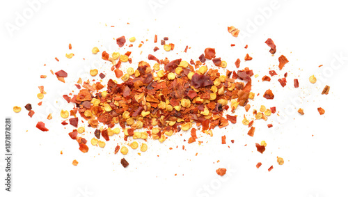 Pile of red chili flakes isolated on white, top view