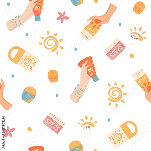 Flat seamless pattern with sunscreen bottle and tube shapes. Sunblock product, spf lotion and summer cosmetic bottle background. Hold sunblock lotion containers, seamless background, body care
