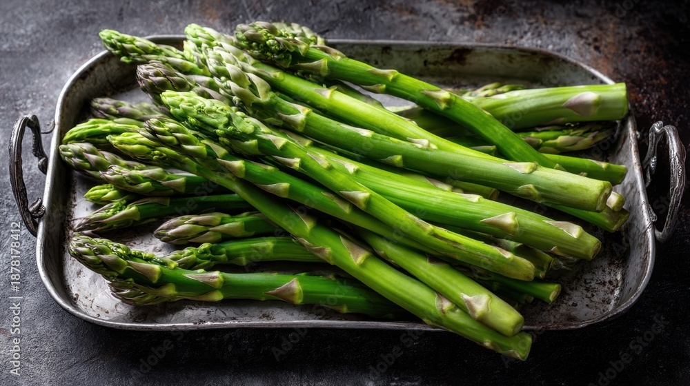 Fototapeta premium Fresh green asparagus spears on metal tray.
