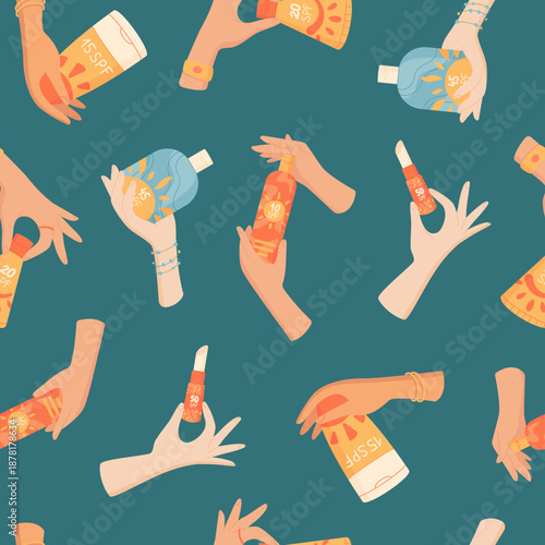 Flat seamless pattern with sunscreen bottle, tube, spray, cream, lotion shapes. Sunblock and spf in hand hold motif, sun care and protection theme. Summer background, beauty cosmetic concept.