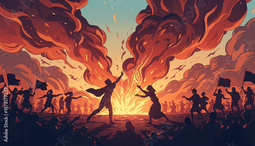 A dramatic illustration of a chaotic scene with people running from a massive fire and smoke.