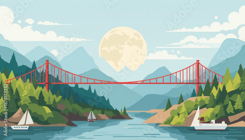 A serene vector illustration of a red suspension bridge spanning a tranquil body of water with sailboats and surrounded by lush green mountains and trees under a full moon.
