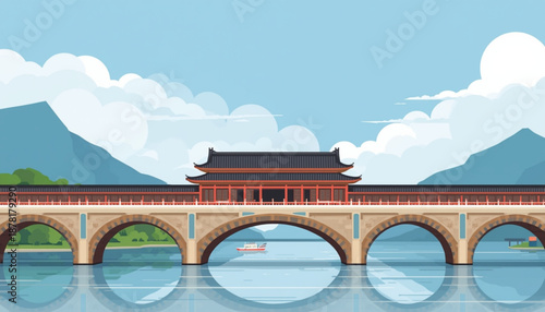 A serene Asian-style bridge with a traditional building spanning a calm body of water, surrounded by mountains and clouds.