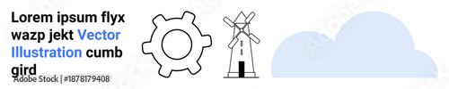 Renewable energy, engineering, sustainability, eco-friendly solutions, gears, cloud computing. A gear, windmill and cloud illustration. Renewable energy and engineering concept elements