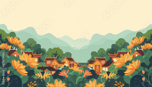 A serene village nestled among vibrant autumn foliage and majestic mountains in a stunning vector illustration