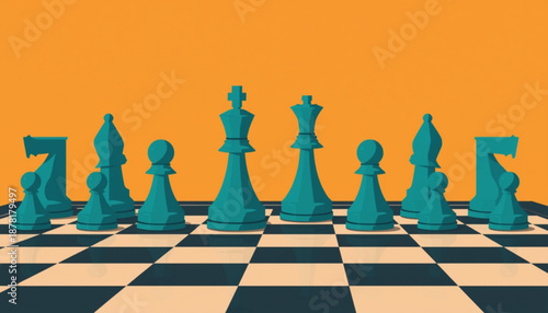 A vector graphic illustration of teal chess pieces on a black and white checkered board with an orange background