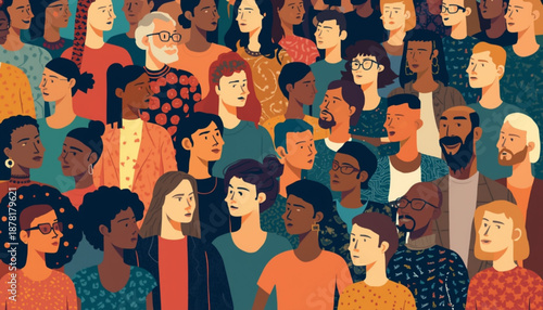 A vibrant illustration of a diverse crowd of people looking up in a modern flat design style