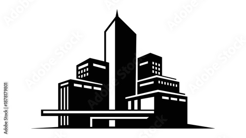 Modern Office Building Silhouette Vector Illustration.