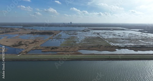 Oostvaardersplassen large marsh area with reed plains, rough grasslands, ponds, surrounded by forests. Nature park, The Netherlands. Aerial views.