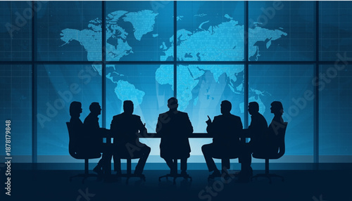 A group of business professionals in a meeting with a world map in the background