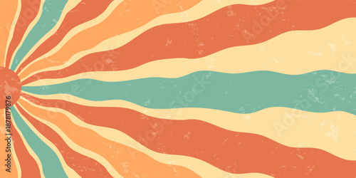 Groovy retro sun burst background with wavy orange and yellow rays in a grunge graphic style. Radiant sun and sunshine motif blend with grungy y2k burst effect, horizontal orientation for creative