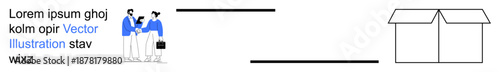 Business communication, logistics planning, teamwork, corporate services, shipment, packaging. Two professionals exchanging information with lines connecting to a cardboard box. Business
