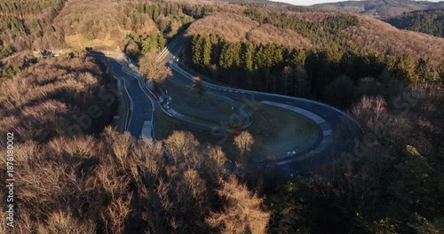 Flying over the Nurburgring, race track, Germany, Aerial views.