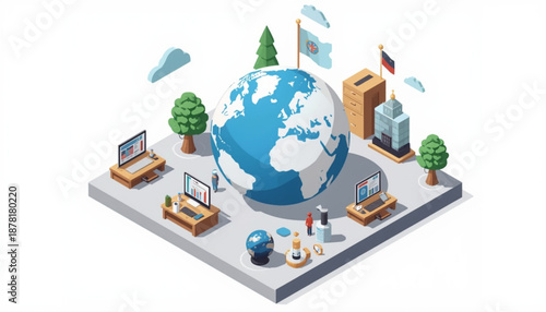 A vector graphic illustration of a globe surrounded by computers and office supplies on a gray platform with trees and flags