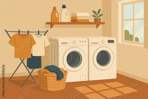 Dryer small bliss washing machine day basket towels vector plant coming illustration