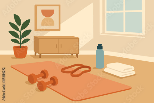 Composition illustration including abstract wellness setup resistance home workout towel living vector