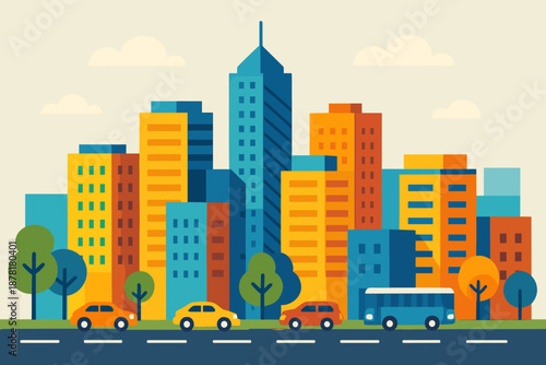 Vivid cityscape including layout skyscrapers vector illustration subtle shapes roads bright buildings