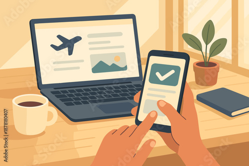 Cup potted small illustration holding travel vector notebook online booking laptop streaming