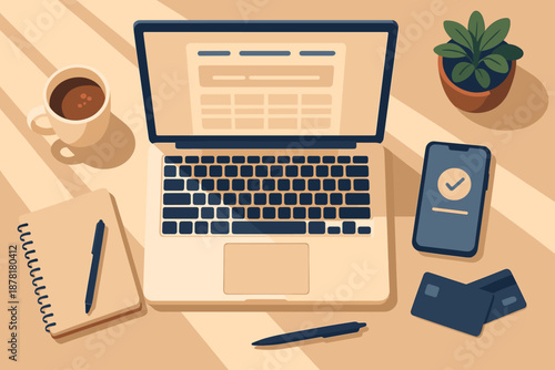 Shadows creating open vector desk card online booking smartphone sunlight across illustration