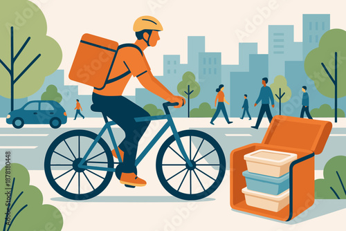 City illustration bicycle thermal urban vector bag meal minimalist design delivery food