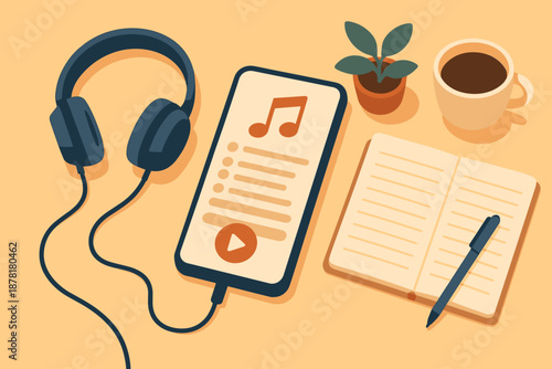 Cup music bright headphones vector minimal workspace illustration composition organized