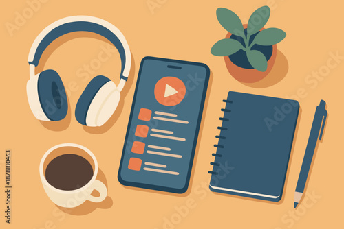 Essentials playlist vector composition illustration abstract including music smartphone bright small notebook