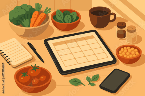 Sunlight kitchen coffee fresh setup table planning illustration scene meal produce vector