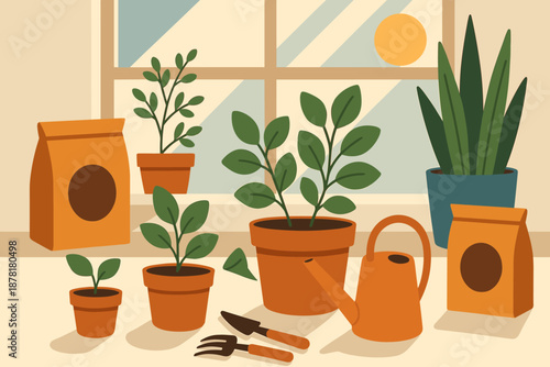 Plants flat multiple vector illustration sunlight indoor pots gardening abstract bliss bright
