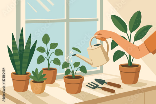 Shadows can houseplant illustration care various table pots vector floor houseplants person