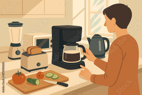 Cutting blender processor vector harmony clean illustration sunlight workspace toaster countertop appliance