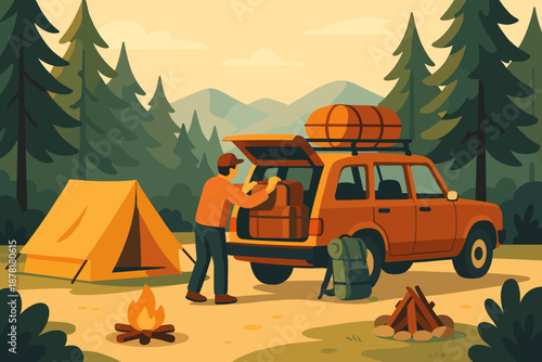 Tent luggage weekend prep person illuminating packing nearby vector campfire adventure illustration