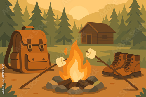 Pine cozy background campfire vector getaway marshmallows creating hiking trees illustration atmosphere
