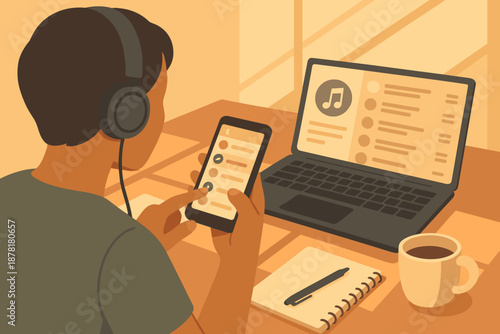 Coffee illustration selection library music person pen songs showing playlist vector illuminating