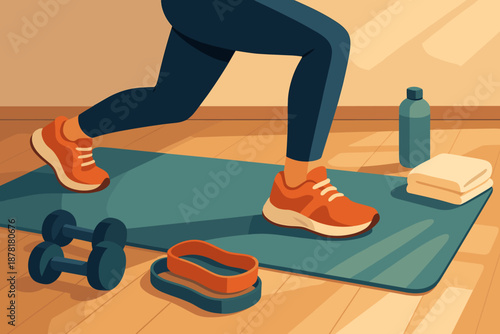 Softly fitness feet water dumbbells mat active nearby lunges illustration scene vector