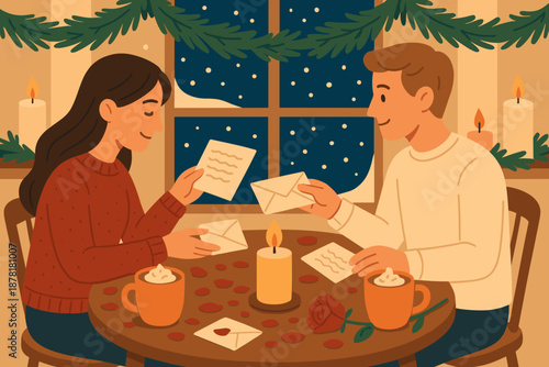 Winter decorating outside handwritten softly snow table romance vector illustration notes cozy